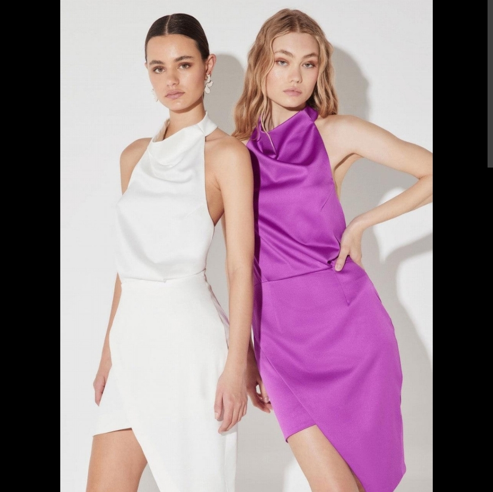 Elliatt Asymmetrical Satin Halter Dress in White and Vibrant Purple
